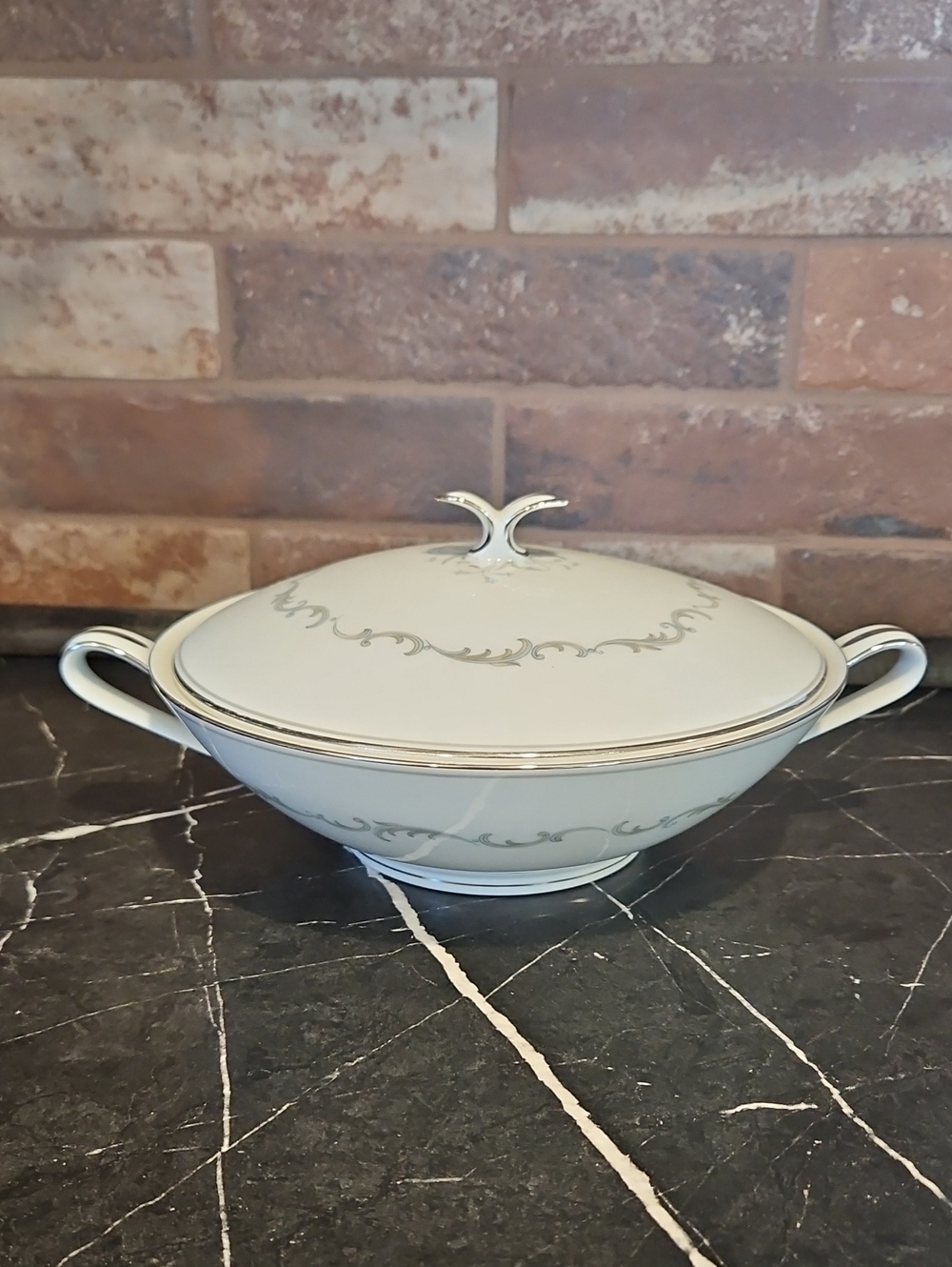 Vintage Noritake Chaumont Cream and Silver-Trim Covered Serving Bowl